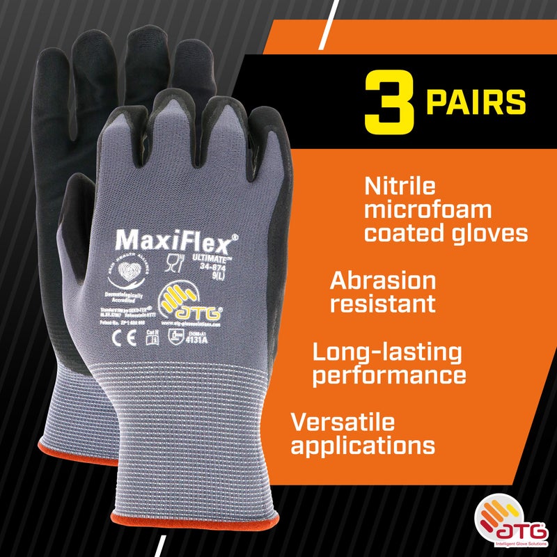 ATG MaxiFlex PIP 34-874/M MaxiFlex Ultimate, Foam Nitrile Palm Coated Gloves, Gray, Medium (Pack of 3) - Image 2