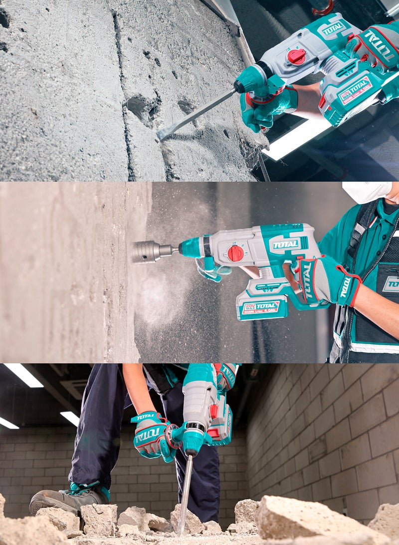 TOTAL 20V Brushless Cordless Rotary Hammer (2.4J) - SDS Plus Concrete Drill with 24mm Capacity, 2x 4.0Ah High-Capacity Batteries, Charger, 3 Drills & Chisel - TRHLI202482 - Image 3