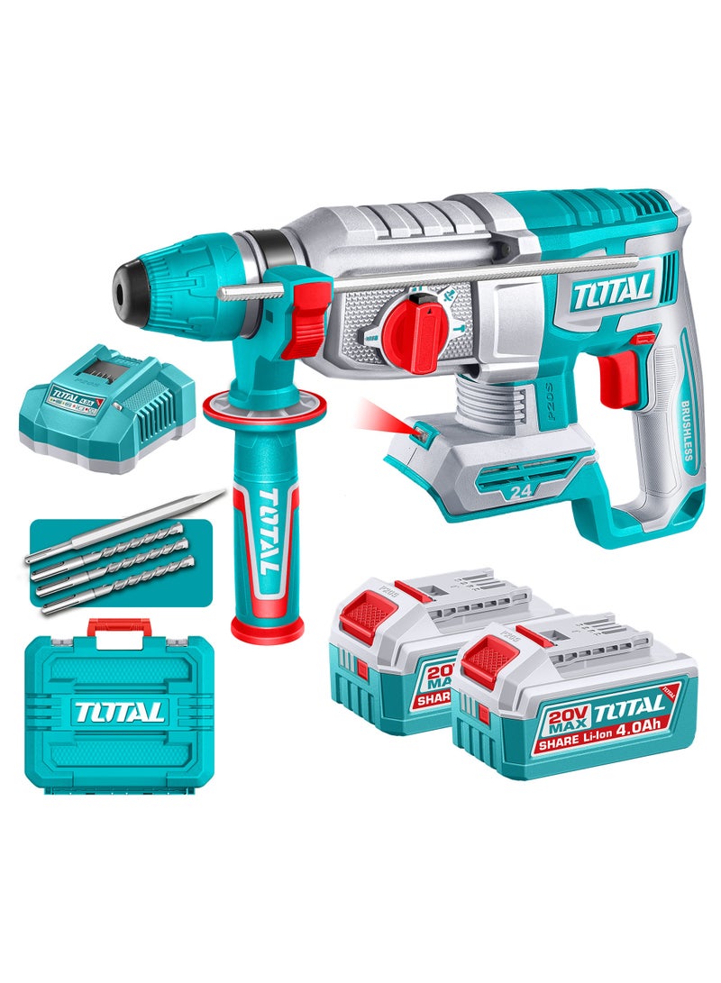 TOTAL 20V Brushless Cordless Rotary Hammer (2.4J) - SDS Plus Concrete Drill with 24mm Capacity, 2x 4.0Ah High-Capacity Batteries, Charger, 3 Drills & Chisel - TRHLI202482 - Image 1