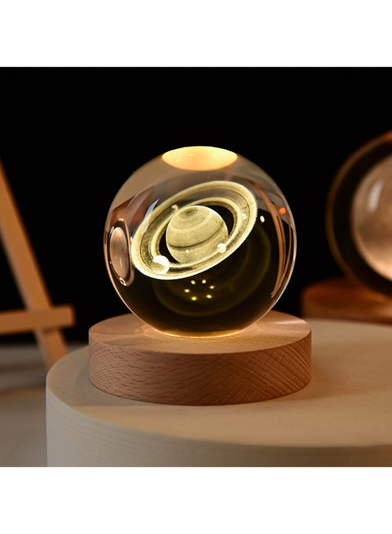 (Saturn) 3D Glass Crystal Ball Night Light with Wooden Base Fantasy Decoration LED Night Light Bedroom Decoration - Image 1