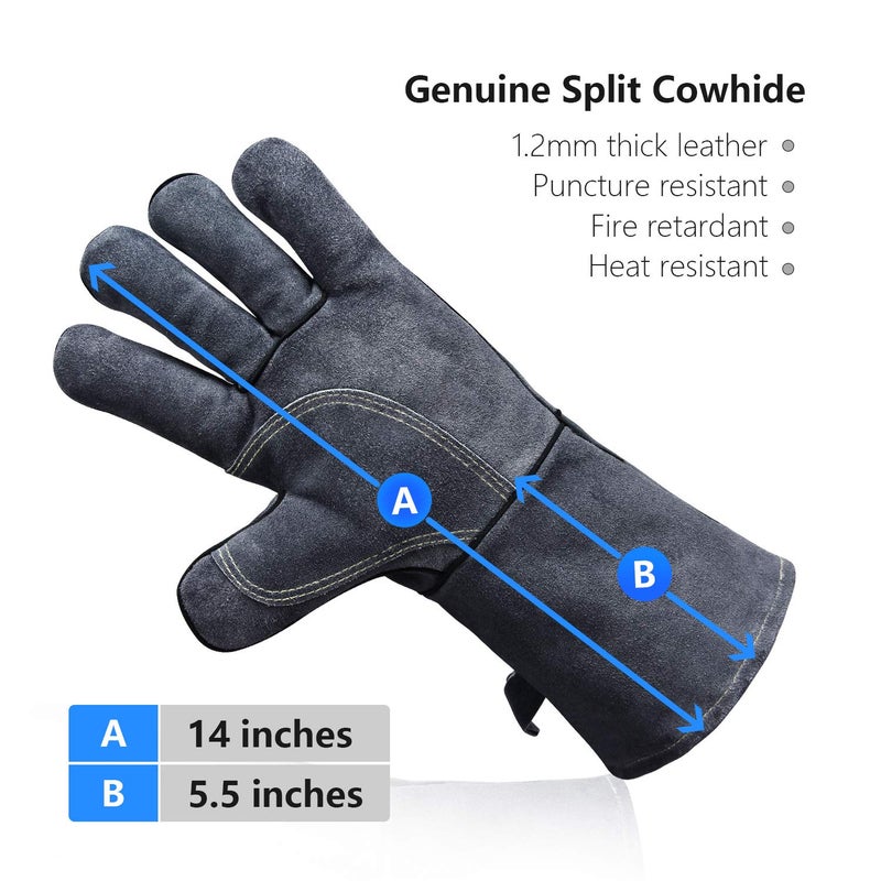 OZERO 932℉ Forge Welding Gloves 14-inch Heat Resistant Leather Grill BBQ Glove with Flame Retardant Long Sleeve and Insulated Lining for Men and Women Gray - Image 3