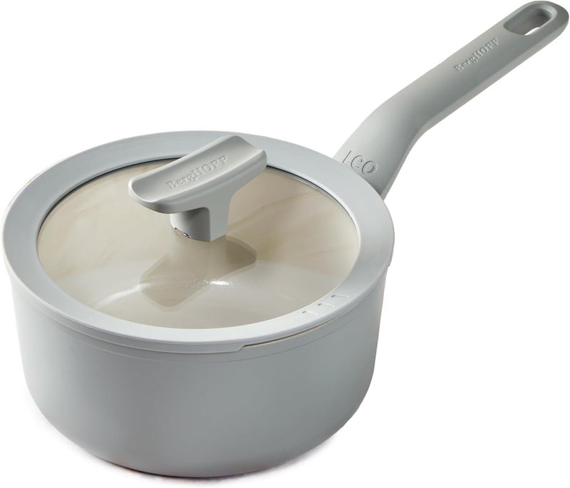 BergHOFF Balance Non-stick Ceramic Saucepan 7", 2.1qt. with Multifunctional Glass Lid, Recycled Aluminum, CeraGreen Non-toxic Coating, Stay-cool Handle, Induction Pan, 100% Sustainable, Moonmist - Image 1