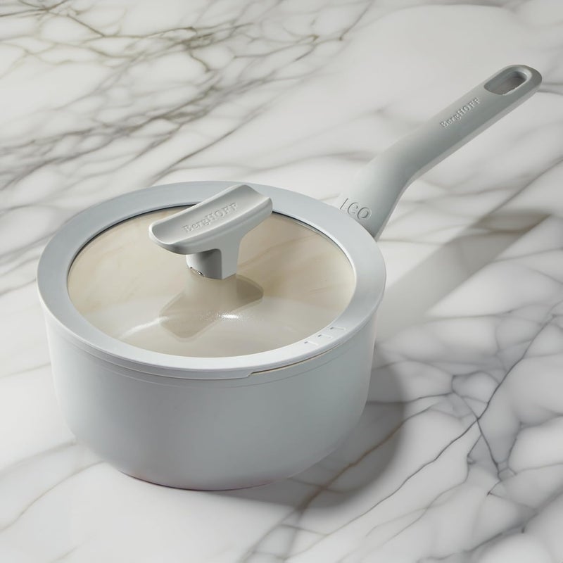BergHOFF Balance Non-stick Ceramic Saucepan 7", 2.1qt. with Multifunctional Glass Lid, Recycled Aluminum, CeraGreen Non-toxic Coating, Stay-cool Handle, Induction Pan, 100% Sustainable, Moonmist - Image 2