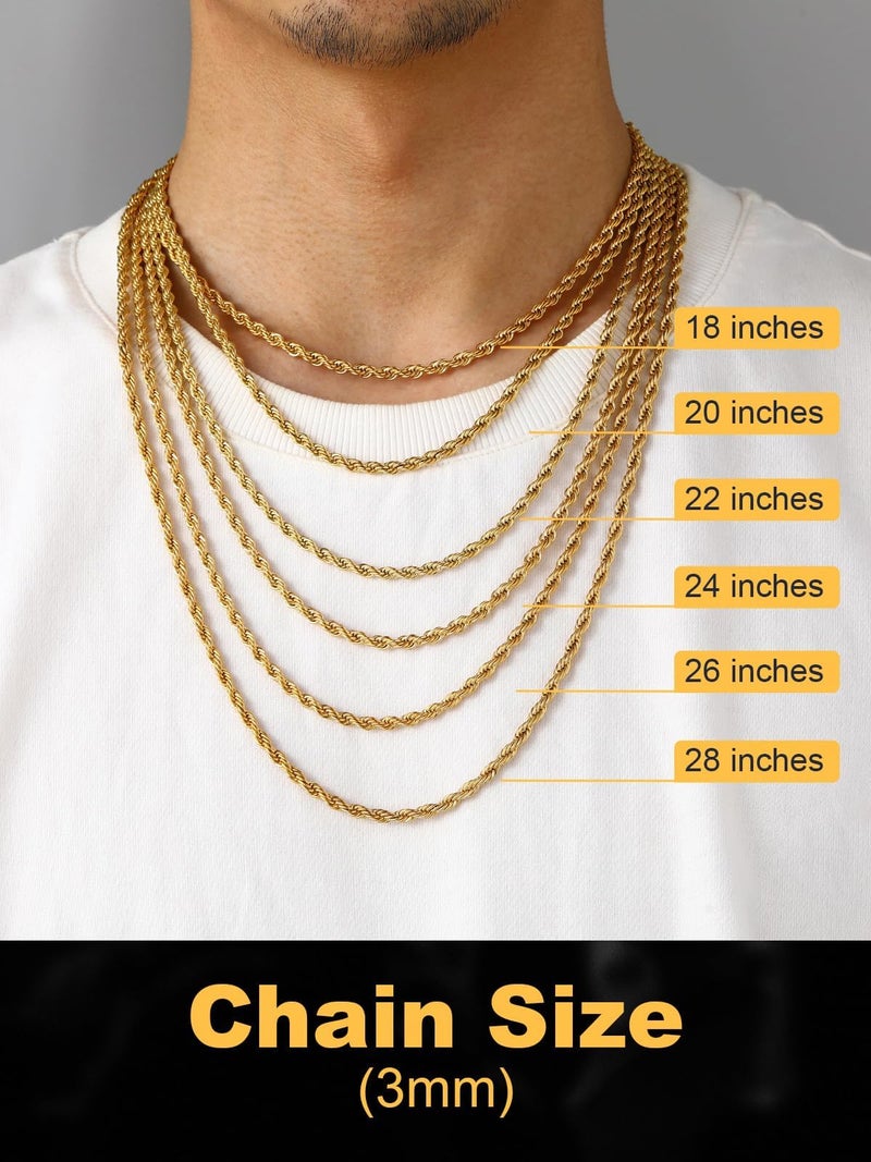 U7 Gold Rope Chain for Men Womens Stainless Steel 18k Gold Plated 3mm Braided Twisted Rope Chain Replacement Necklace 22" - Image 5