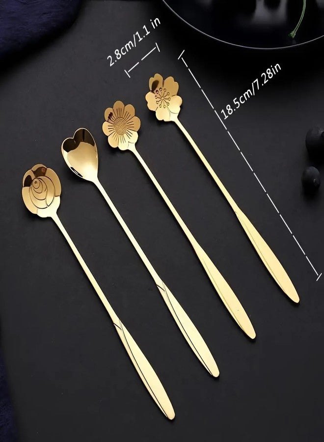 Touchcart Floral Golden Stainless Steel Spoons – Long Handle (18cm) Coffee & Dessert Spoons for Tea, Ice Cream, Sugar Mixing & Gifting Tableware (Set of 4, Golden) - Image 2