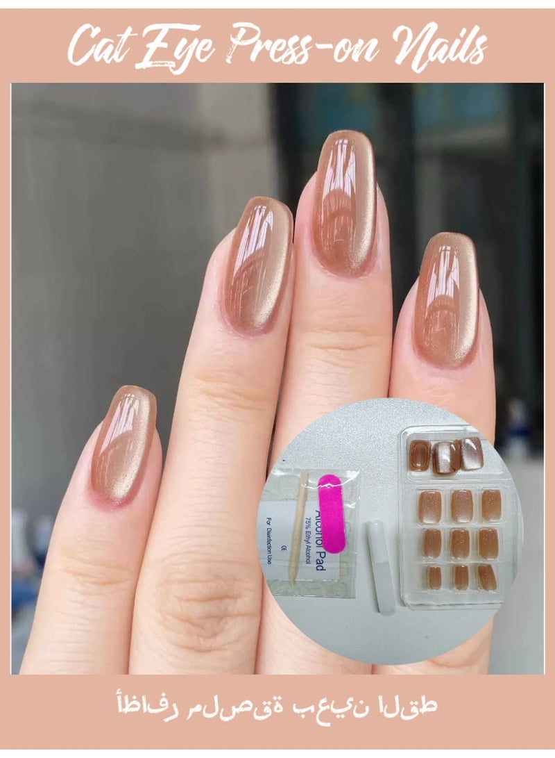 موضة أظافر بسيطة بدرج قصير على شكل عين القط، فن أظافر أنيق ويعزز البياض، نصائح أظافر عالية الجودة قابلة للإزالة، ملصقات أظافر وهمية - Image 1