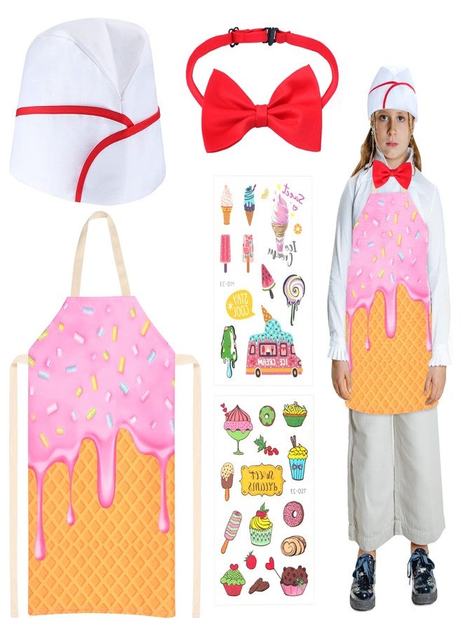Yewong Kids Ice Cream Vendor Costume Set Ice Cream Cone Apron Tattoos Soda Jerk Cap Bowtie for Birthday Party Career Day - Image 1