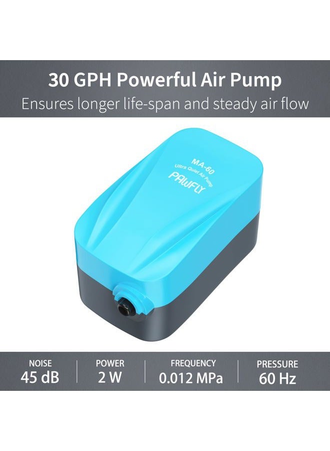 Pawfly مضخة هواء هادئة MA-60 لحوض السمك سعة 10 جالون مع ملحقات حجر الهواء وصمام فحص وأنبوب، 1.8 لتر/دقيقة - Image 2