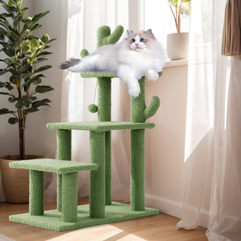 HOMBYS Cautus Cat Stairs for Old Cats Dogs Pet Steps for High Beds Couch WindowVertical Cautus Green Cat Tree with Dangling Balls for Indoor Pets Climbing Playing Holds Up to 150 Lbs - Image 2