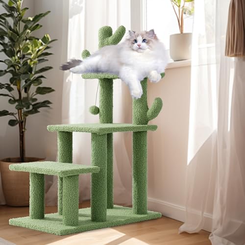 HOMBYS Cautus Cat Stairs for Old Cats Dogs Pet Steps for High Beds Couch WindowVertical Cautus Green Cat Tree with Dangling Balls for Indoor Pets Climbing Playing Holds Up to 150 Lbs - Image 1
