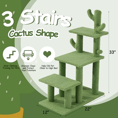 HOMBYS Cautus Cat Stairs for Old Cats Dogs Pet Steps for High Beds Couch WindowVertical Cautus Green Cat Tree with Dangling Balls for Indoor Pets Climbing Playing Holds Up to 150 Lbs - Image 3