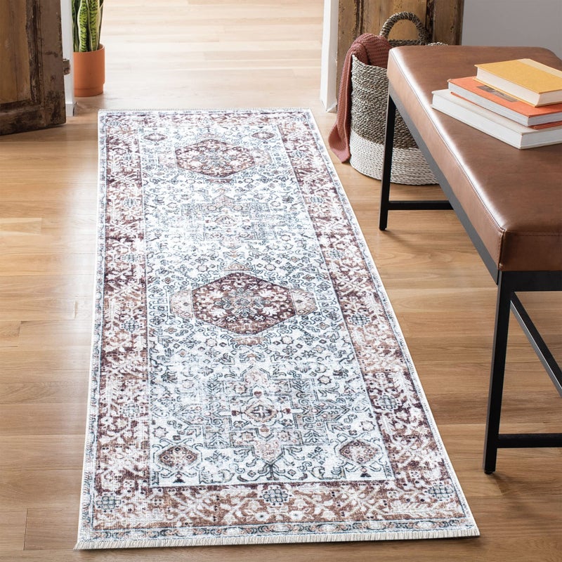 Bloom Rugs Caria Washable Non-Slip 10 ft Runner - Beige/Brown Traditional Runner for Entryway, Hallway, Bathroom, and Kitchen - Exact Size: 2'6" x 10' - Image 1
