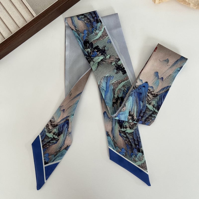 Generic High-grade oil painting small silk scarf hair band womens national style thin narrow long hair band tie hair ribbon tie bag silk scarf headdress 5# Jinxiu Mountain River
