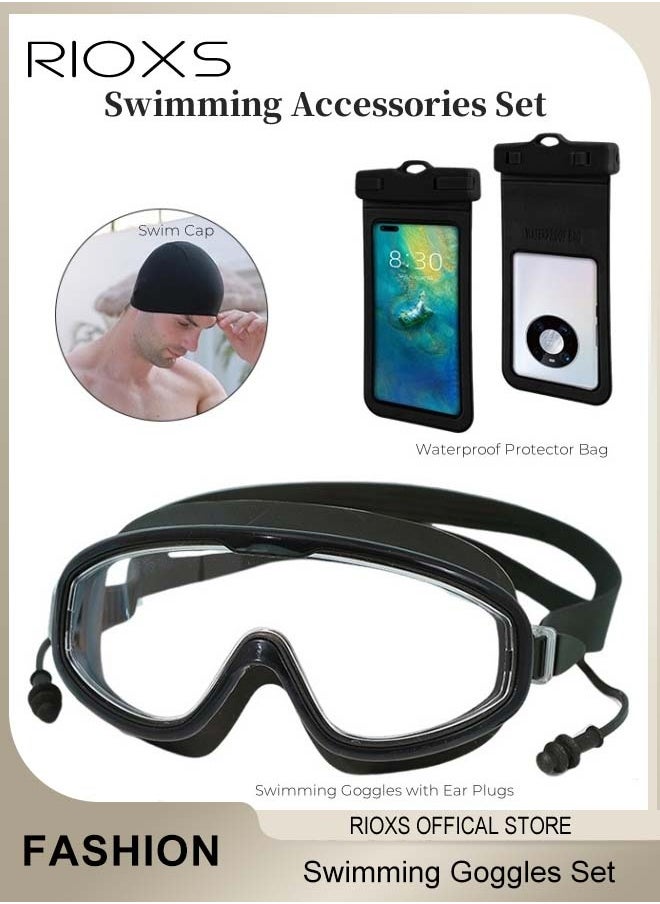 RIOXS Adults Swimming Goggles with Ear Plugs Swim Cap and Nose Clips Polarized Open Water Goggles Swimming Anti Fog UV Protection No Leakage Clear Vision Easy to Adjust for Men Women Teenagers  - Image 1