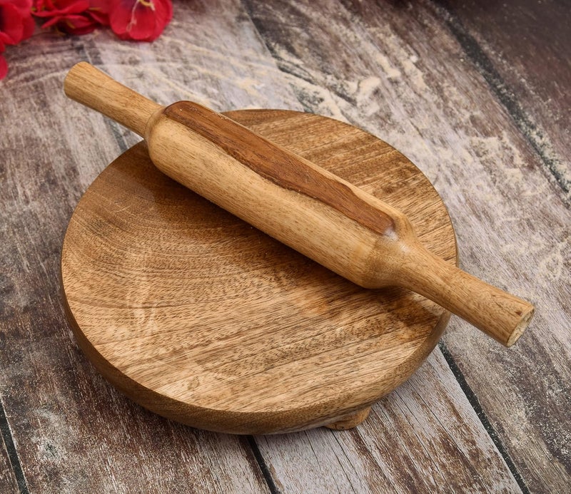 OGGN Handcrafted Wooden Pure Mango Wood Chakla Belan Set 12 Inch Rolling Pin with 9 Inch Rolling Board Handmade RotiChapati Maker Roti Roller Pin Combo for Home Kitchen - Image 1