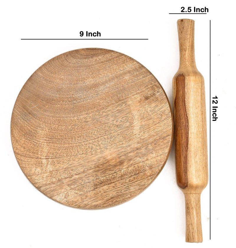 OGGN Handcrafted Wooden Pure Mango Wood Chakla Belan Set 12 Inch Rolling Pin with 9 Inch Rolling Board Handmade RotiChapati Maker Roti Roller Pin Combo for Home Kitchen - Image 2