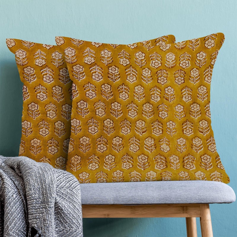 AEIOAE Mustard Yellow Pillow Covers 18x18 Inch Set of 2, Boho Spring Vintage Floral Throw Pillows Case, Flower Rustic Seasonal Summer Outdoor Decorative Farmhouse Decor Cushion Covers for Sofa Couch - Image 2