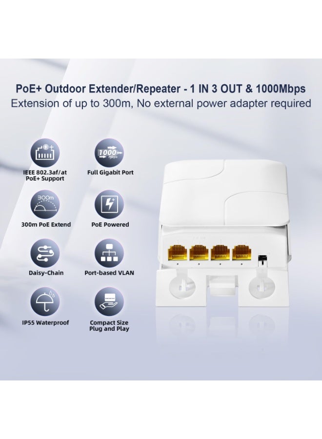 igeekwell Outdoor 4 Port Gigabit PoE Extender, 1 PoE in 3 PoE Out, IEEE 802.3 af/at 30W PoE Repeater with 10/100/1000Mbps, Wall Mount Waterproof POE Passthrough Switch - Image 4