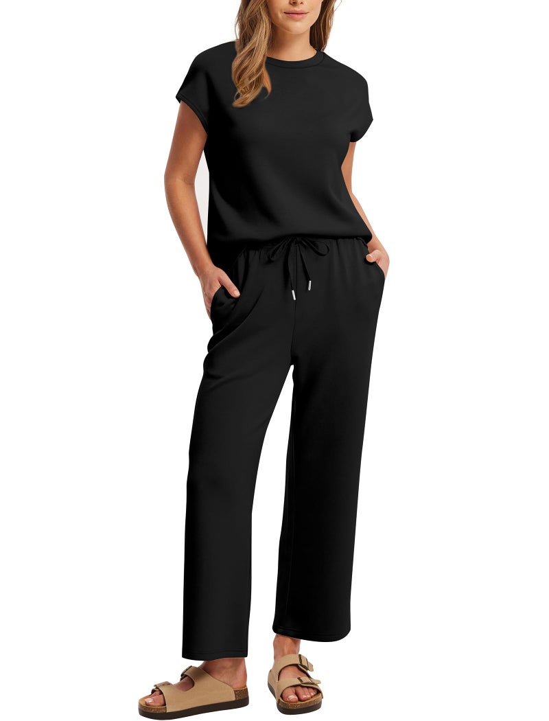 Sampeel Summer Outfits for Women 2026 Vacation Travel 2 Piece Lounge Set Wide Leg Crop Pants Plus Size Spring Clothes Airport Black 2XL - Image 2