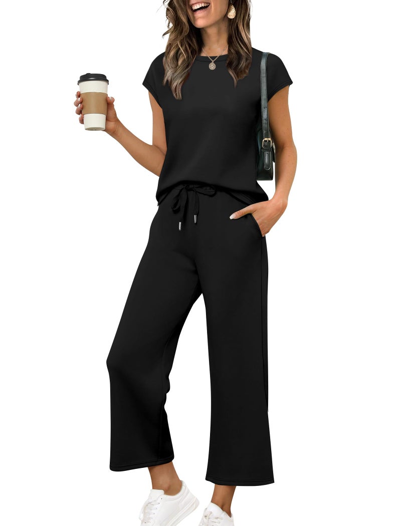 Sampeel Summer Outfits for Women 2026 Vacation Travel 2 Piece Lounge Set Wide Leg Crop Pants Plus Size Spring Clothes Airport Black 2XL - Image 1