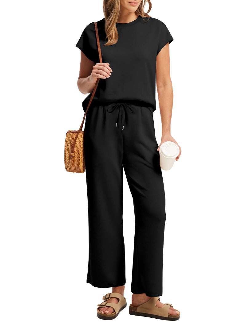 Sampeel Summer Outfits for Women 2026 Vacation Travel 2 Piece Lounge Set Wide Leg Crop Pants Plus Size Spring Clothes Airport Black 2XL - Image 3