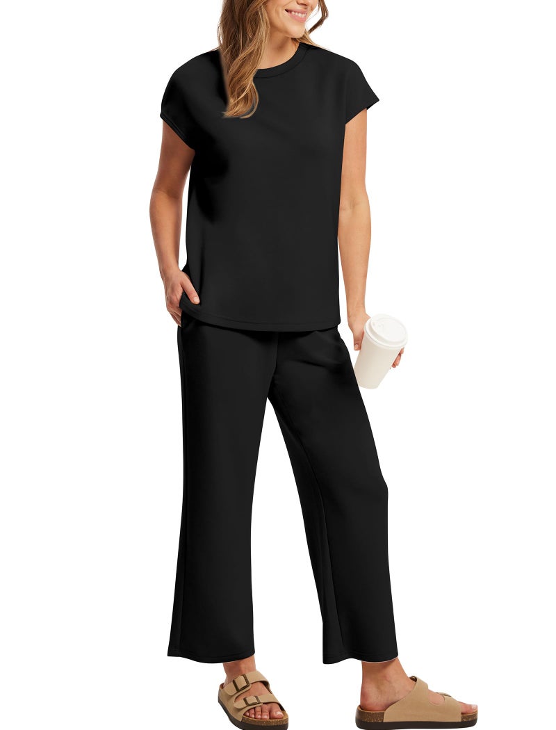 Sampeel Summer Outfits for Women 2026 Vacation Travel 2 Piece Lounge Set Wide Leg Crop Pants Plus Size Spring Clothes Airport Black 2XL - Image 4
