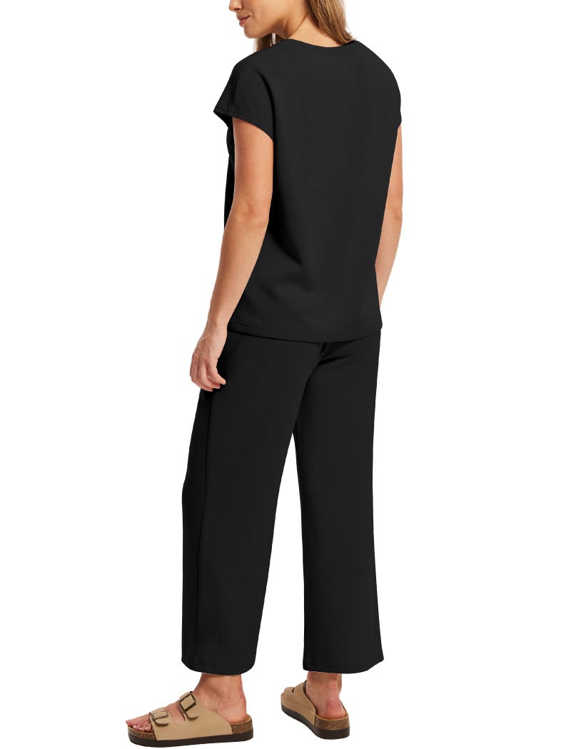 Sampeel Summer Outfits for Women 2026 Vacation Travel 2 Piece Lounge Set Wide Leg Crop Pants Plus Size Spring Clothes Airport Black 2XL - Image 5