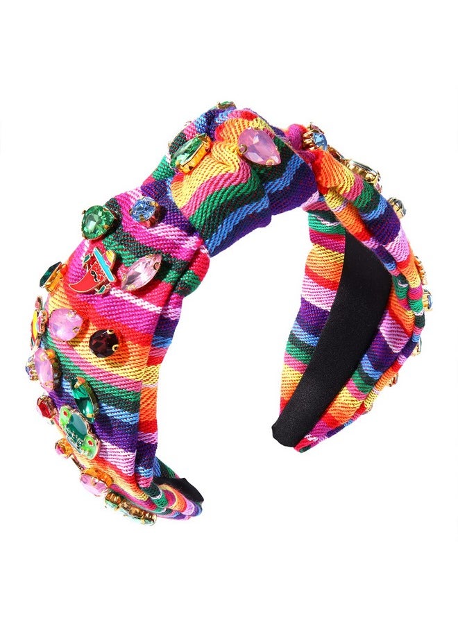 HSWE Mexican Headband Rhinestone Cross Knotted Turban Hair Hoop Cinco De Mayo Crystal Twist Velvet Wide Hairband Party Hair Accessory  - Image 1