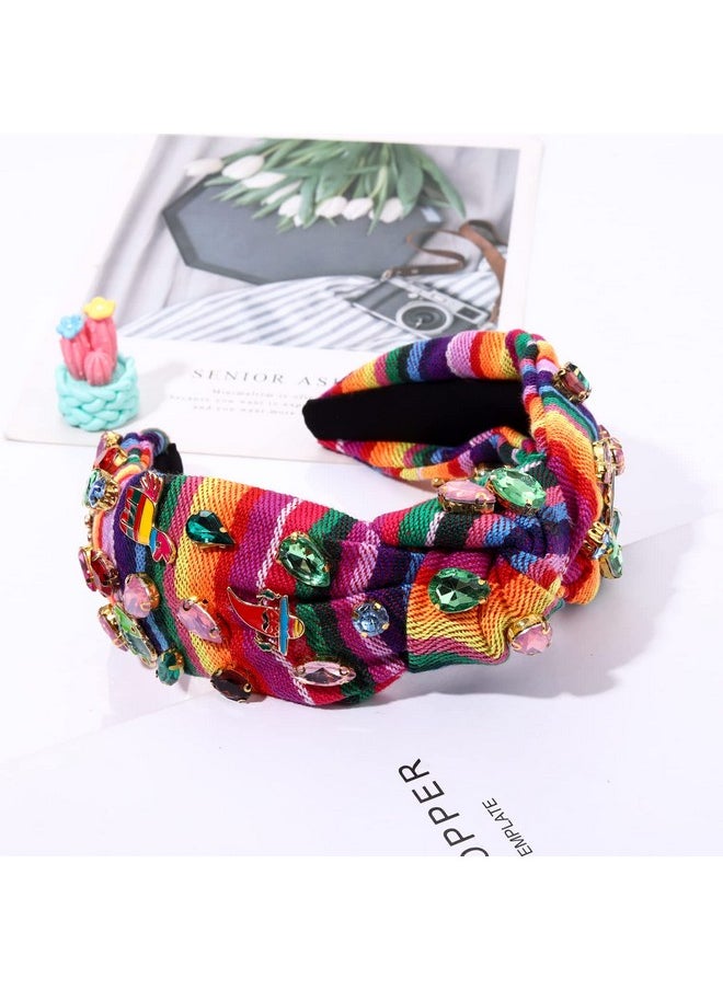 HSWE Mexican Headband Rhinestone Cross Knotted Turban Hair Hoop Cinco De Mayo Crystal Twist Velvet Wide Hairband Party Hair Accessory  - Image 3