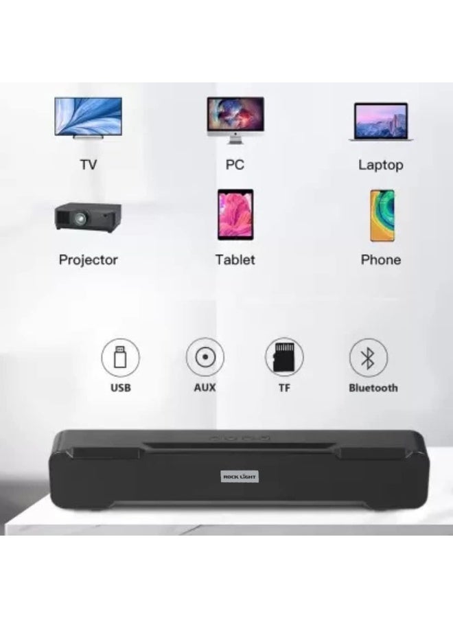 ROCK LIGHT Portable Bluetooth Soundbar – 10W Stereo TV Speaker with Dynamic Thunder Sound, 1200mAh Battery (6 Hours Playtime), TF Card Slot, FM, TWS, BT 5.3 – Black - Image 4