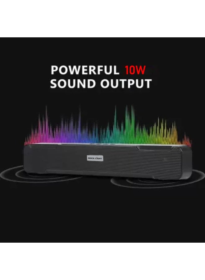 ROCK LIGHT Portable Bluetooth Soundbar – 10W Stereo TV Speaker with Dynamic Thunder Sound, 1200mAh Battery (6 Hours Playtime), TF Card Slot, FM, TWS, BT 5.3 – Black - Image 5
