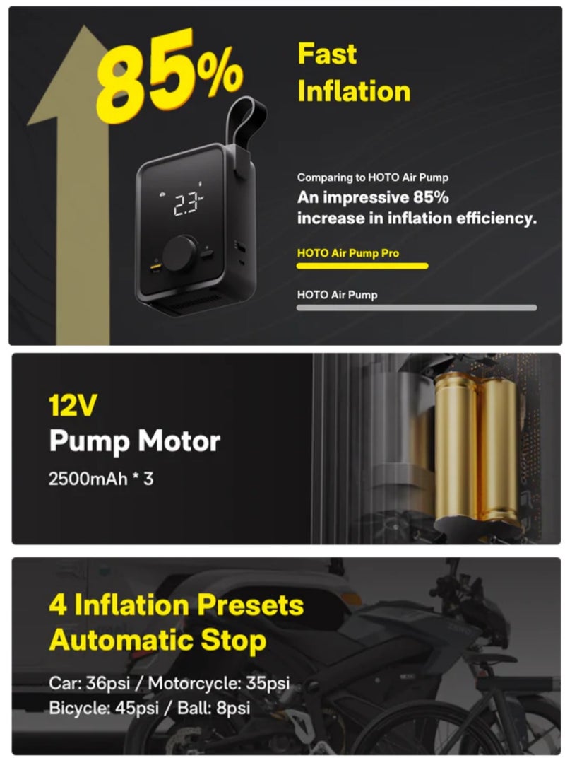 HOTO Portable Electric Air Pump for Car, Bike & Ball – HOTO Inflatable Treasure PRO, 12V Cordless Tire Inflator with LED Display, 4 Preset Modes, Quick-Connect Hose, 2500mAh Rechargeable Battery, USB Charging – Black  - Image 5