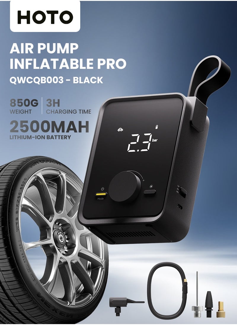 HOTO Portable Electric Air Pump for Car, Bike & Ball – HOTO Inflatable Treasure PRO, 12V Cordless Tire Inflator with LED Display, 4 Preset Modes, Quick-Connect Hose, 2500mAh Rechargeable Battery, USB Charging – Black  - Image 1