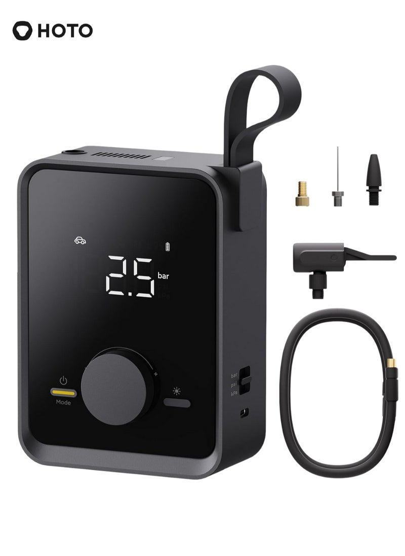 HOTO Portable Electric Air Pump for Car, Bike & Ball – HOTO Inflatable Treasure PRO, 12V Cordless Tire Inflator with LED Display, 4 Preset Modes, Quick-Connect Hose, 2500mAh Rechargeable Battery, USB Charging – Black  - Image 1