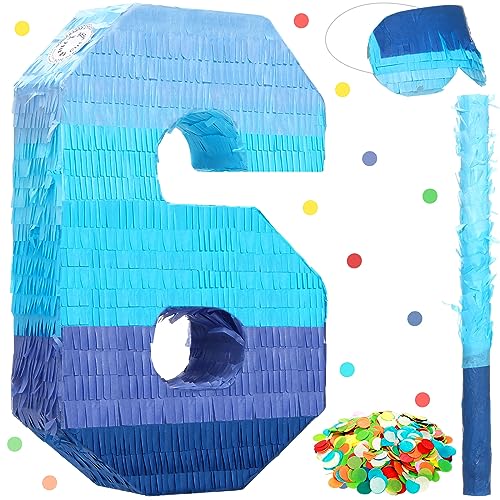 Sratte Number 1 2 3 4 5 6 7 8 9 Piata with Stick Blindfold Confetti Gradient Blue Piata for Kids Boys Girls Birthday Party Anniversary Decorations SuppliesNumber 6 - Image 1