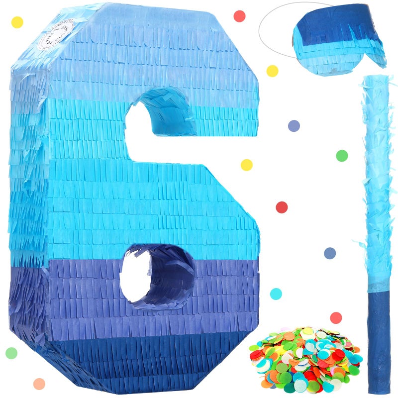 Sratte Number 1 2 3 4 5 6 7 8 9 Piata with Stick Blindfold Confetti Gradient Blue Piata for Kids Boys Girls Birthday Party Anniversary Decorations SuppliesNumber 6 - Image 2