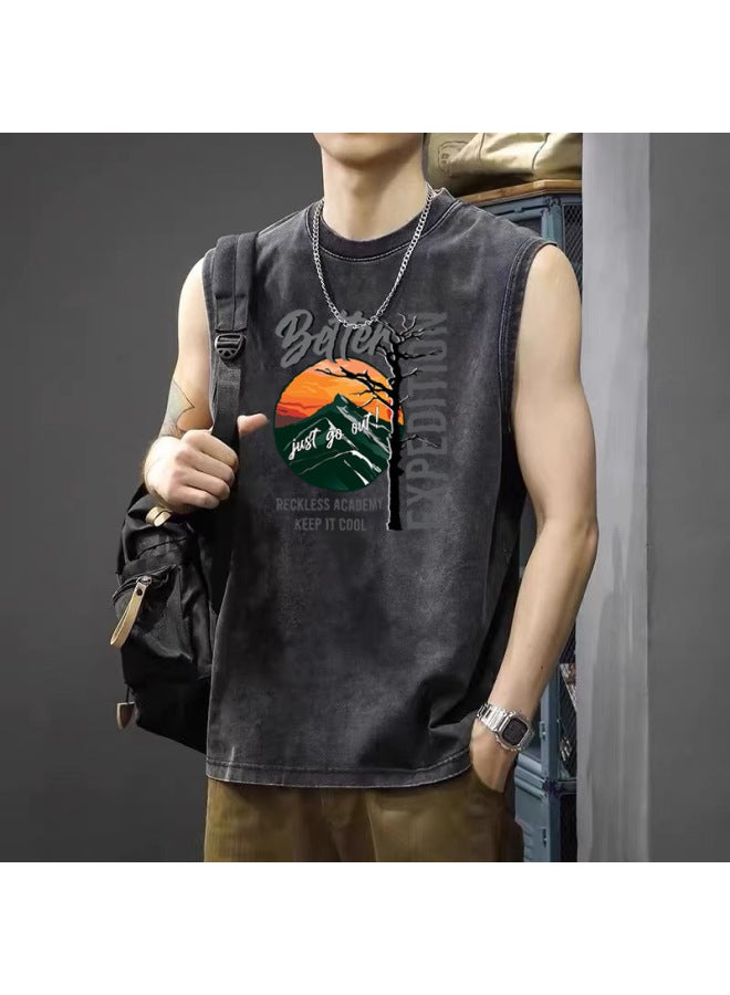 American High Street Retro Washed Distressed Sports Vest Trendy Brand Sleeveless T-shirt Loose Casual Fitness Short Sleeve