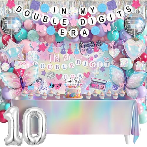 THAWAY 10th Birthday Decorations for Girls Double Digits Birthday Girl Party Decor In My Double Digits Era Party Supplies with Pink Purple Balloon Arch Friendship Bracelet Banner Backdrop Hanging Swirls - Image 1