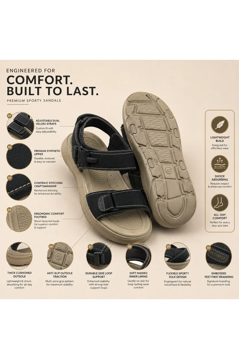 Feet First Men’s Sports Sandals with Adjustable Velcro Straps – Lightweight Comfort Outdoor Walking Sandals