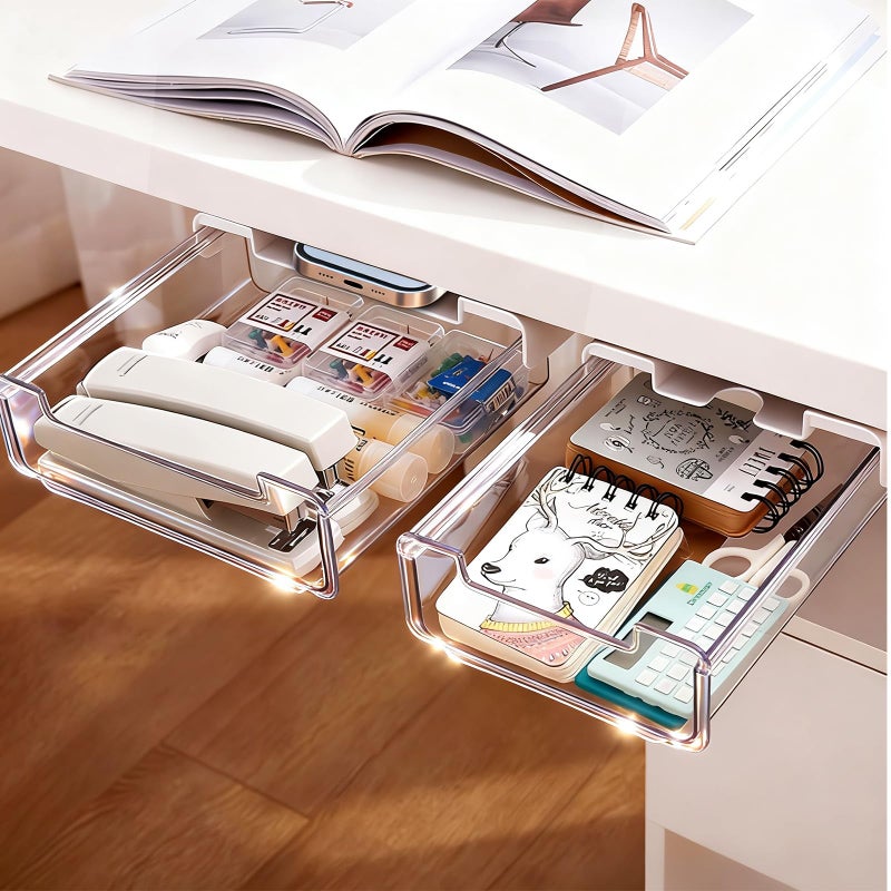 TooCust 2 Pack Under Desk Storage Drawers Slide Out-Drill-On or Self-Adhesive,Large&Medium Desk Drawer Under Desk,Under Desk Organizer Under Table Drawer for Home Office School Organization and Storage - Image 1