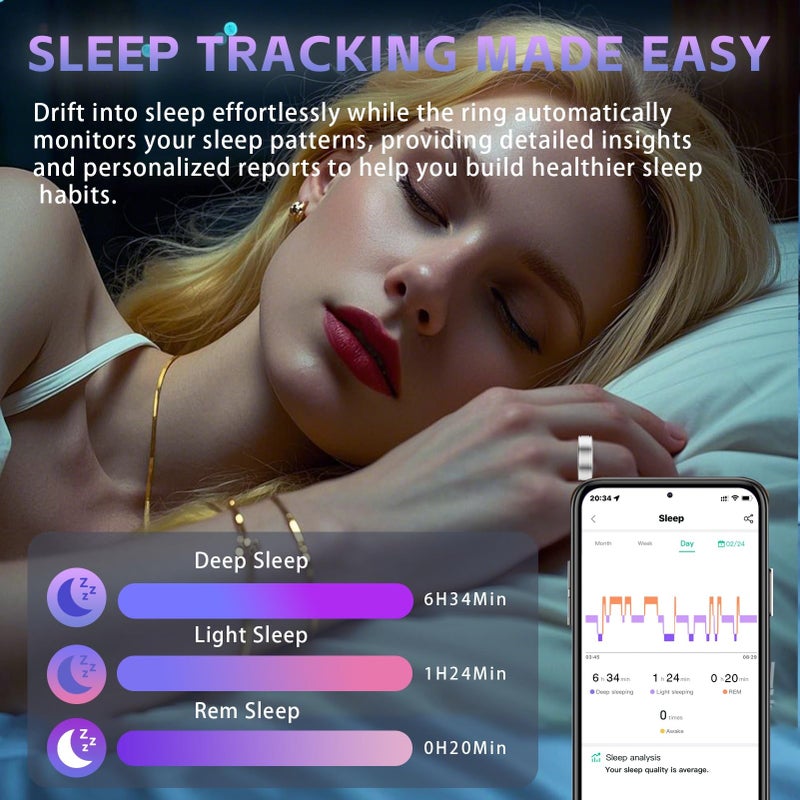 Anarow Smart Ring for Women â€“ Fitness Tracker Ring with Heart Rate, SpO2, Blood Pressure, Sleep Monitoring, Step & Calorie Counter, No Subscription Fee, iOS & Android Compatible (Silver, 9) - Image 2