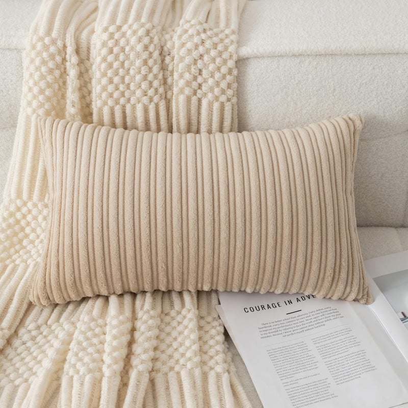 UGS UGASA UGASA Velvet 12x20 Inch Lumbar Soft Throw Pillow Cover Boho Farmhouse Decorative Corduroy Striped Both Sides Solid Rectangular Cushion Case for Couch Bedroom Sofa Home, 1 Piece, Beige - Image 1