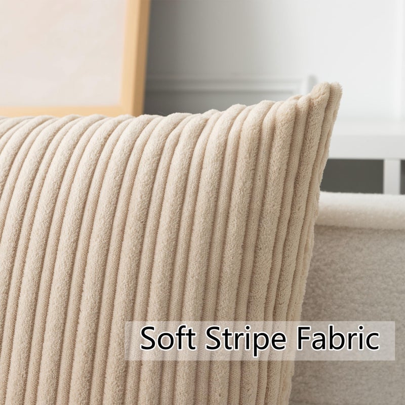 UGS UGASA UGASA Velvet 12x20 Inch Lumbar Soft Throw Pillow Cover Boho Farmhouse Decorative Corduroy Striped Both Sides Solid Rectangular Cushion Case for Couch Bedroom Sofa Home, 1 Piece, Beige - Image 2