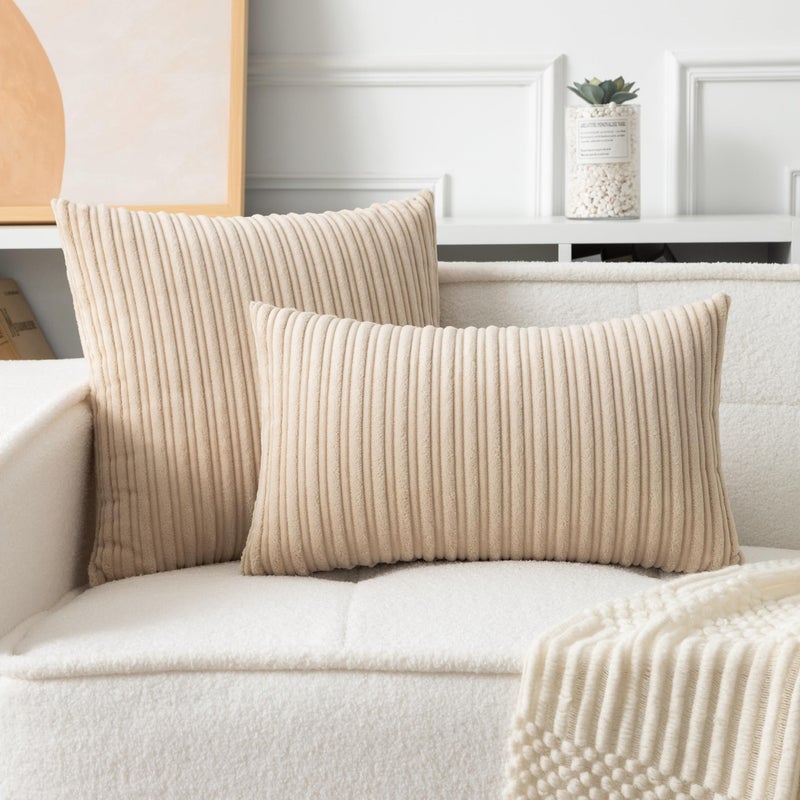 UGS UGASA UGASA Velvet 12x20 Inch Lumbar Soft Throw Pillow Cover Boho Farmhouse Decorative Corduroy Striped Both Sides Solid Rectangular Cushion Case for Couch Bedroom Sofa Home, 1 Piece, Beige - Image 4