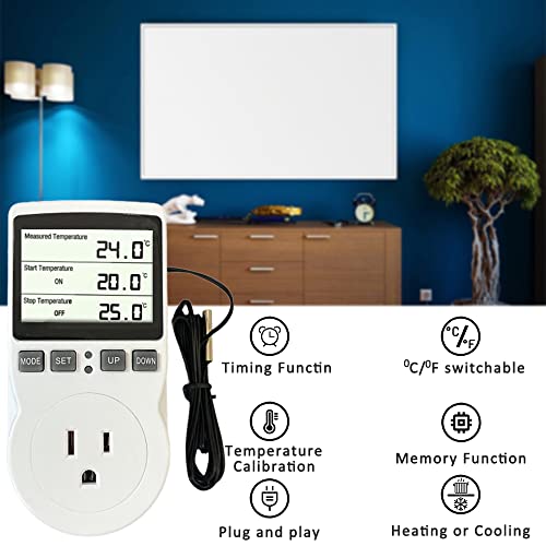 ecoartheating Plug in Thermostat Temperature Controller Heavy Duty Digital Thermostat Outlet Plug Heating Cooling Mode Countdown Timer - Image 4