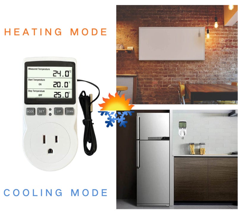ecoartheating Plug in Thermostat Temperature Controller Heavy Duty Digital Thermostat Outlet Plug Heating Cooling Mode Countdown Timer - Image 2