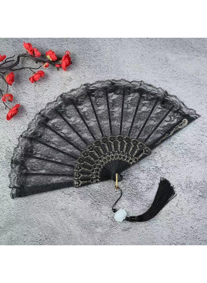 مينغابوب مروحة لوليتا سوداء من الدانتيل - مروحة يابانية قوطية يدوية مع قلادة معدنية، لموضة بديلة وإكسسوارات الفيكتوري القوطية - Image 1