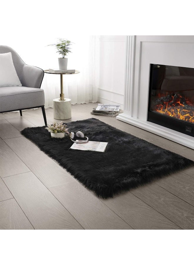 SERISSA Ultra Soft Faux Fur Area Rug Black Fluffy Rug Plush Chair Cover Seat Pad Fuzzy Carpet Furry Beside Rugs for Bedroom Floor Sofa Living Room 2x4 Feet (Rectangular,Black) - Image 1