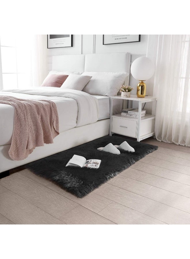 SERISSA Ultra Soft Faux Fur Area Rug Black Fluffy Rug Plush Chair Cover Seat Pad Fuzzy Carpet Furry Beside Rugs for Bedroom Floor Sofa Living Room 2x4 Feet (Rectangular,Black) - Image 2