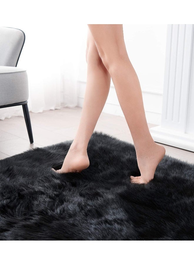 SERISSA Ultra Soft Faux Fur Area Rug Black Fluffy Rug Plush Chair Cover Seat Pad Fuzzy Carpet Furry Beside Rugs for Bedroom Floor Sofa Living Room 2x4 Feet (Rectangular,Black) - Image 3
